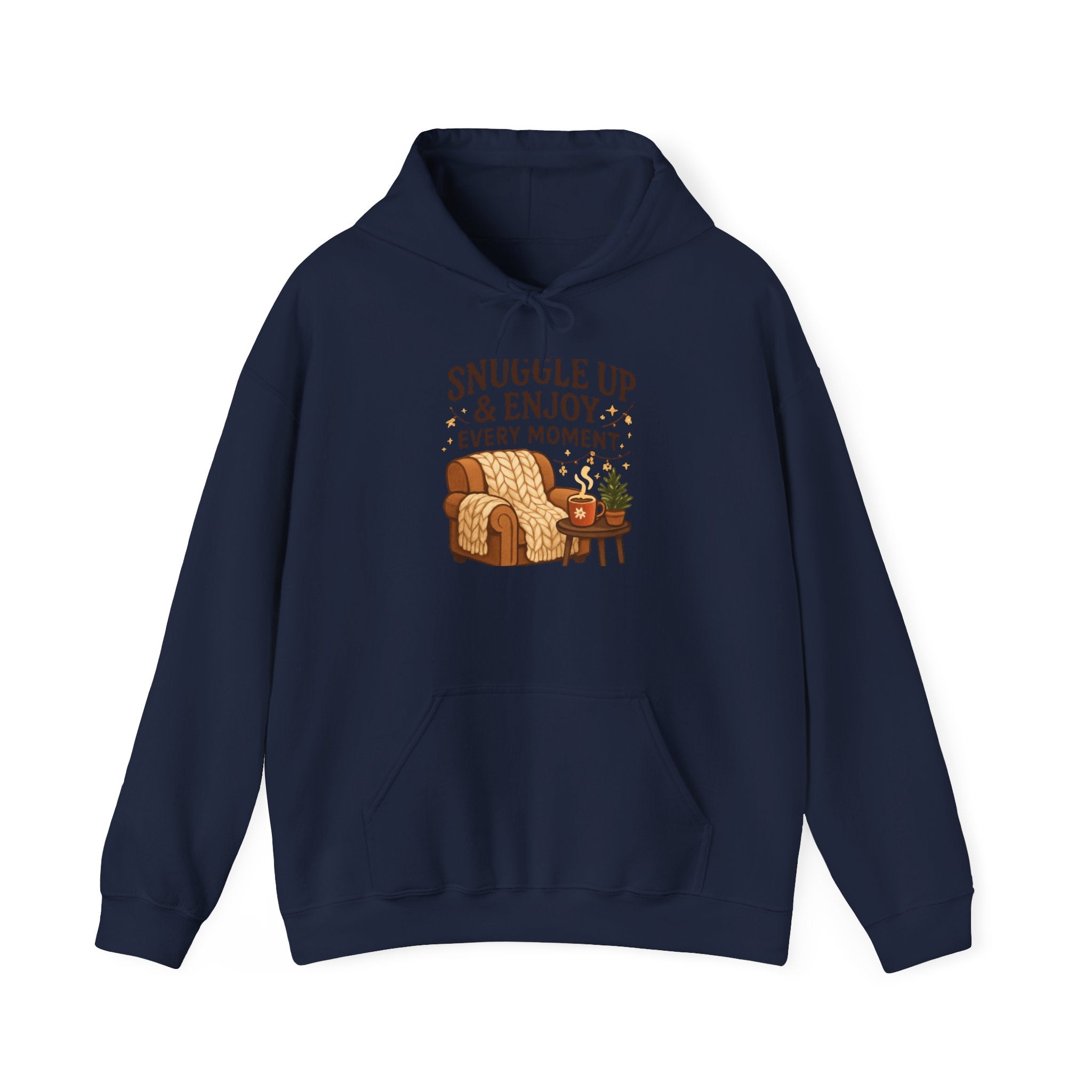 Snuggle Up & Enjoy Every Moment Hoodie — Cozy Chair and Tea Comfort Sweatshirt