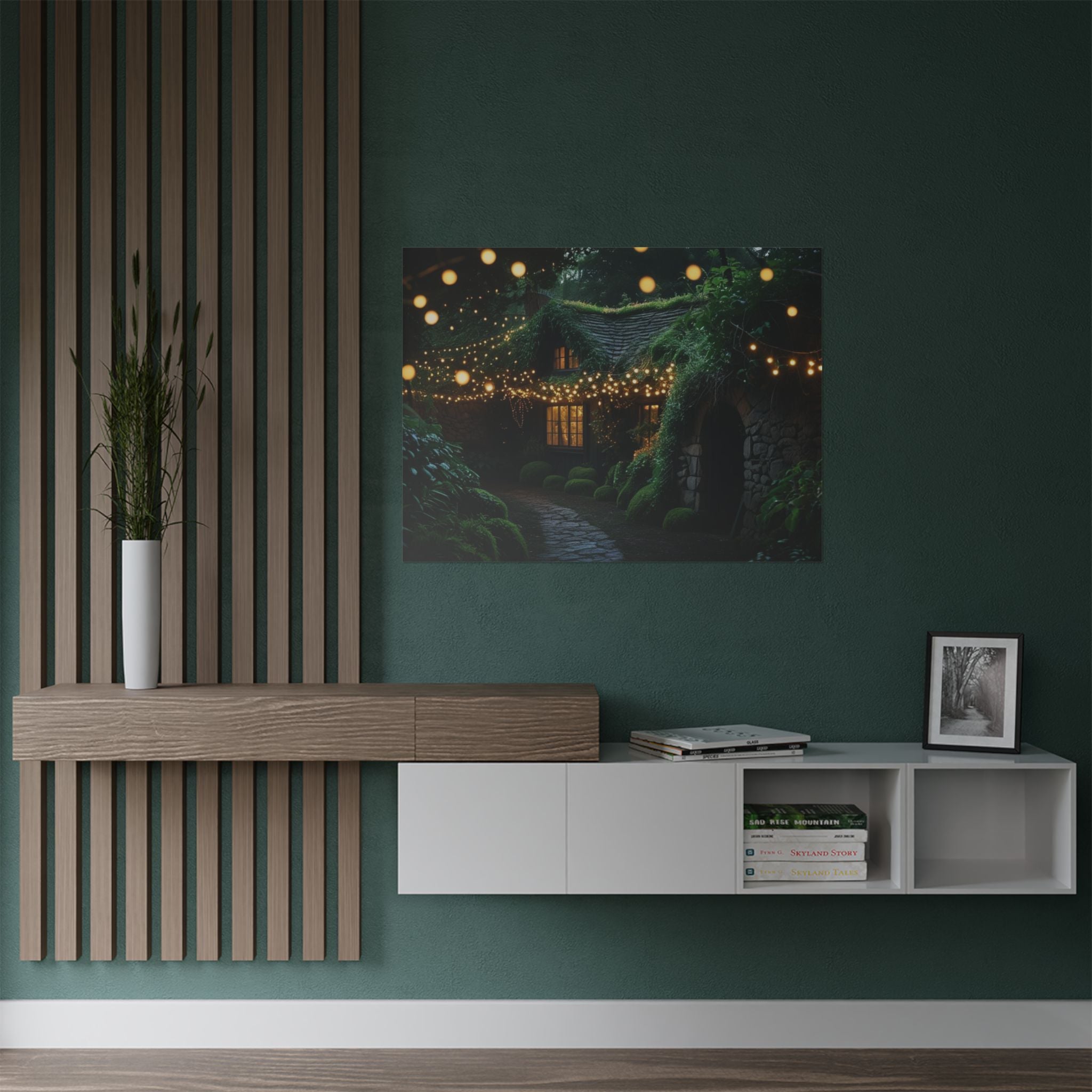 Satin Poster — Enchanted Cottage at Night Wall Art (Fairy Lights, 300gsm)