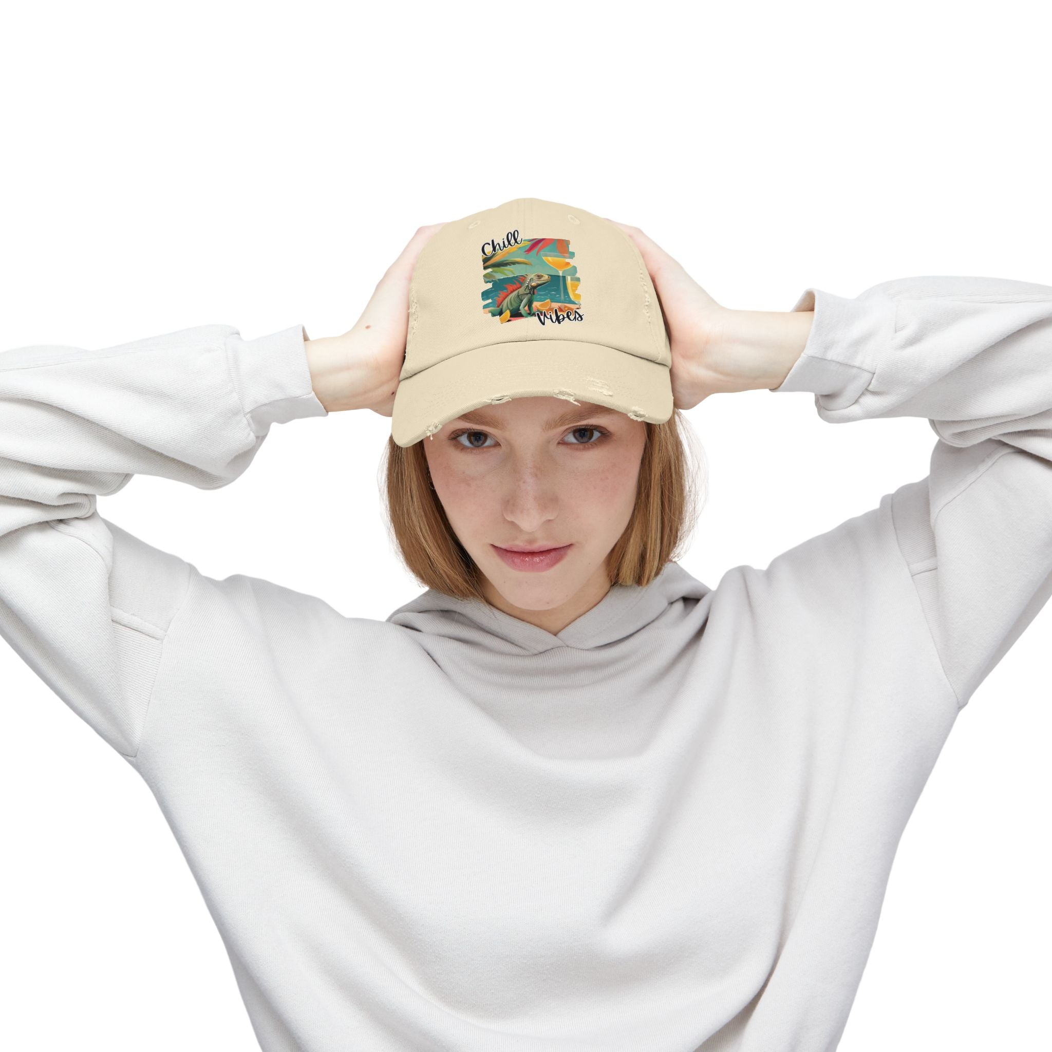 Chill Vibes Distressed Cap - Retro Surf Frog Beach Hat