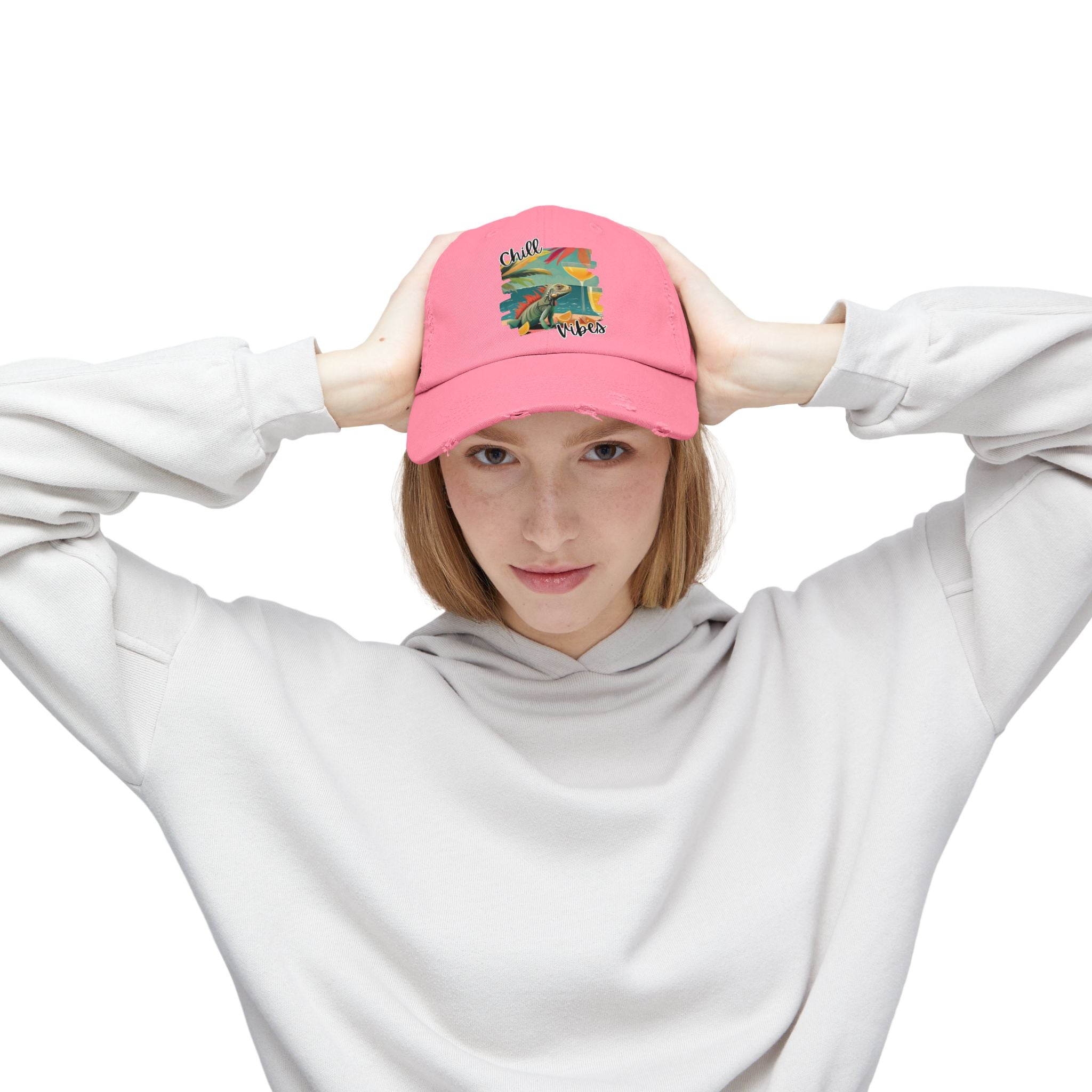 Chill Vibes Distressed Cap - Retro Surf Frog Beach Hat