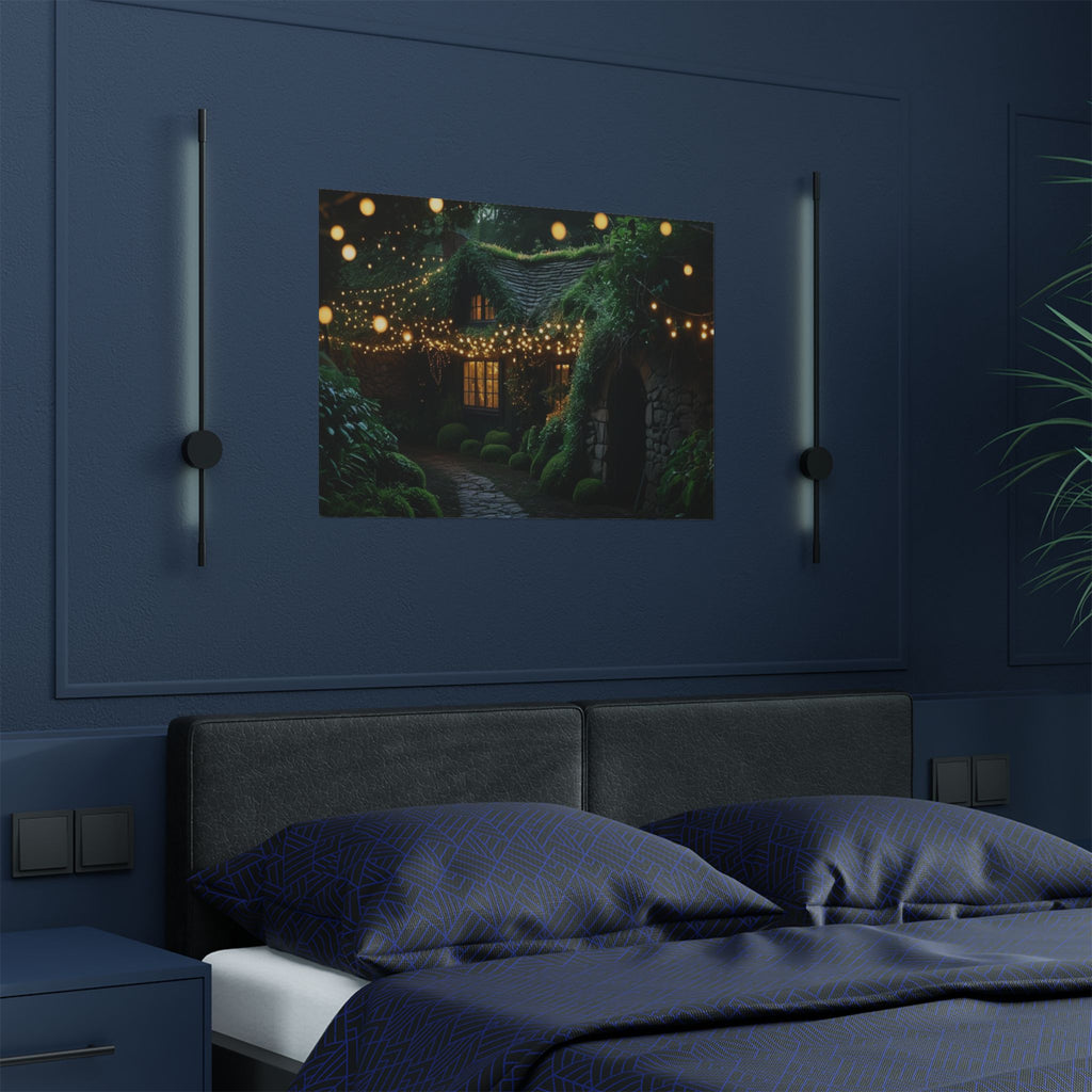Satin Poster — Enchanted Cottage at Night Wall Art (Fairy Lights, 300gsm)