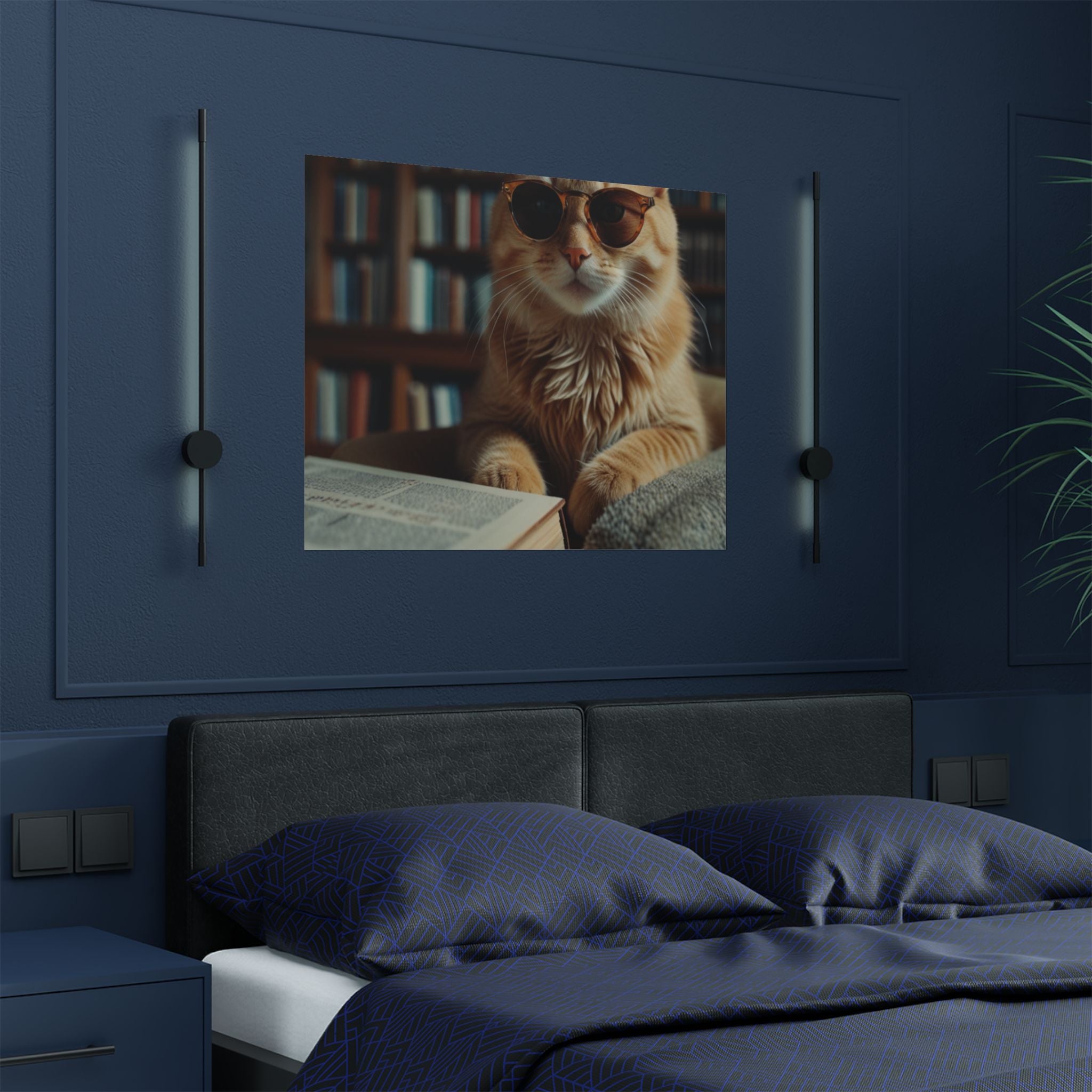 Cool Cat Reading Poster — Retro Sunglasses Cat Art Print (Satin Poster)