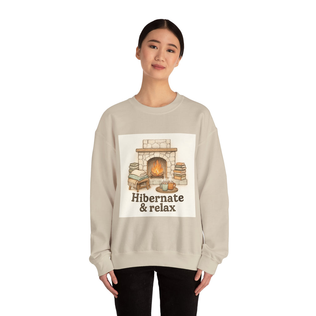 Crewneck Sweatshirt – "Hibernate & Relax" Cozy Fireplace Reading Sweatshirt