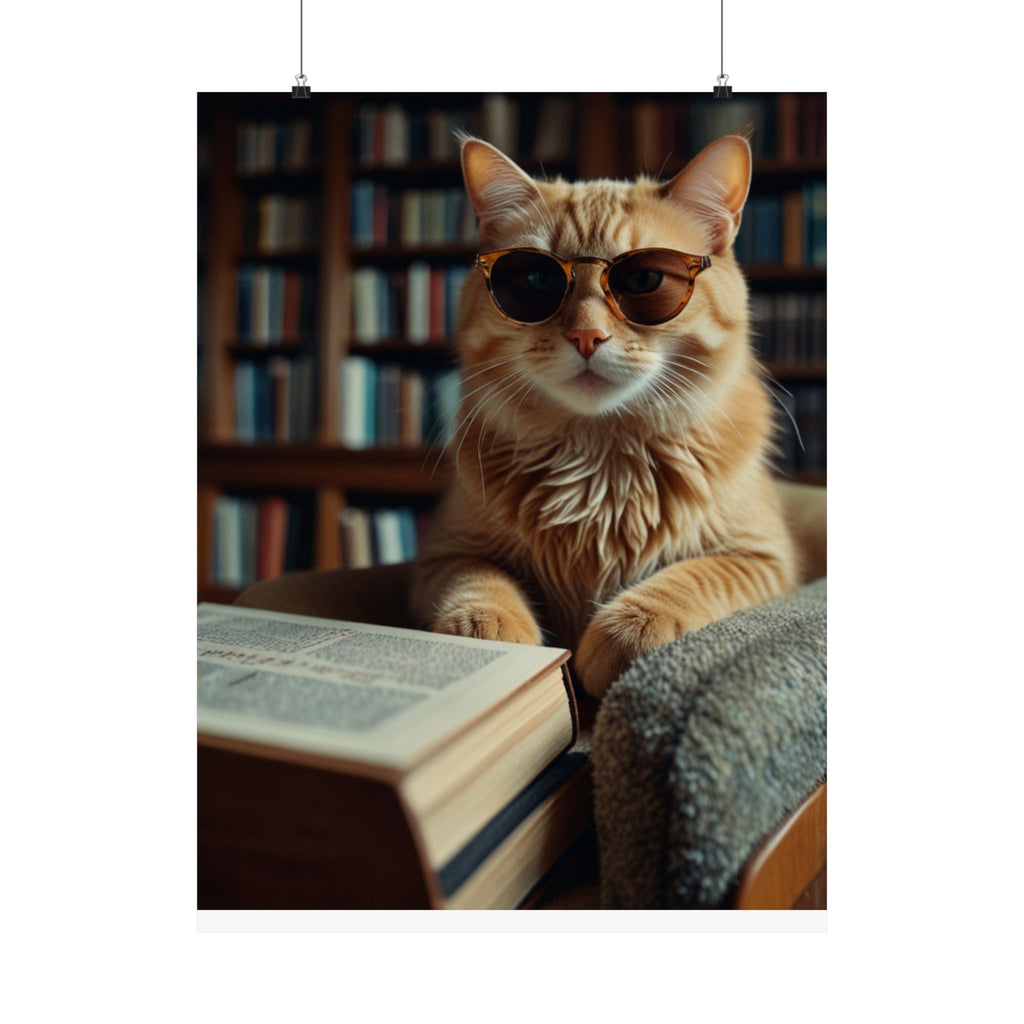 Cool Cat Reading Poster — Retro Sunglasses Cat Art Print (Satin Poster)