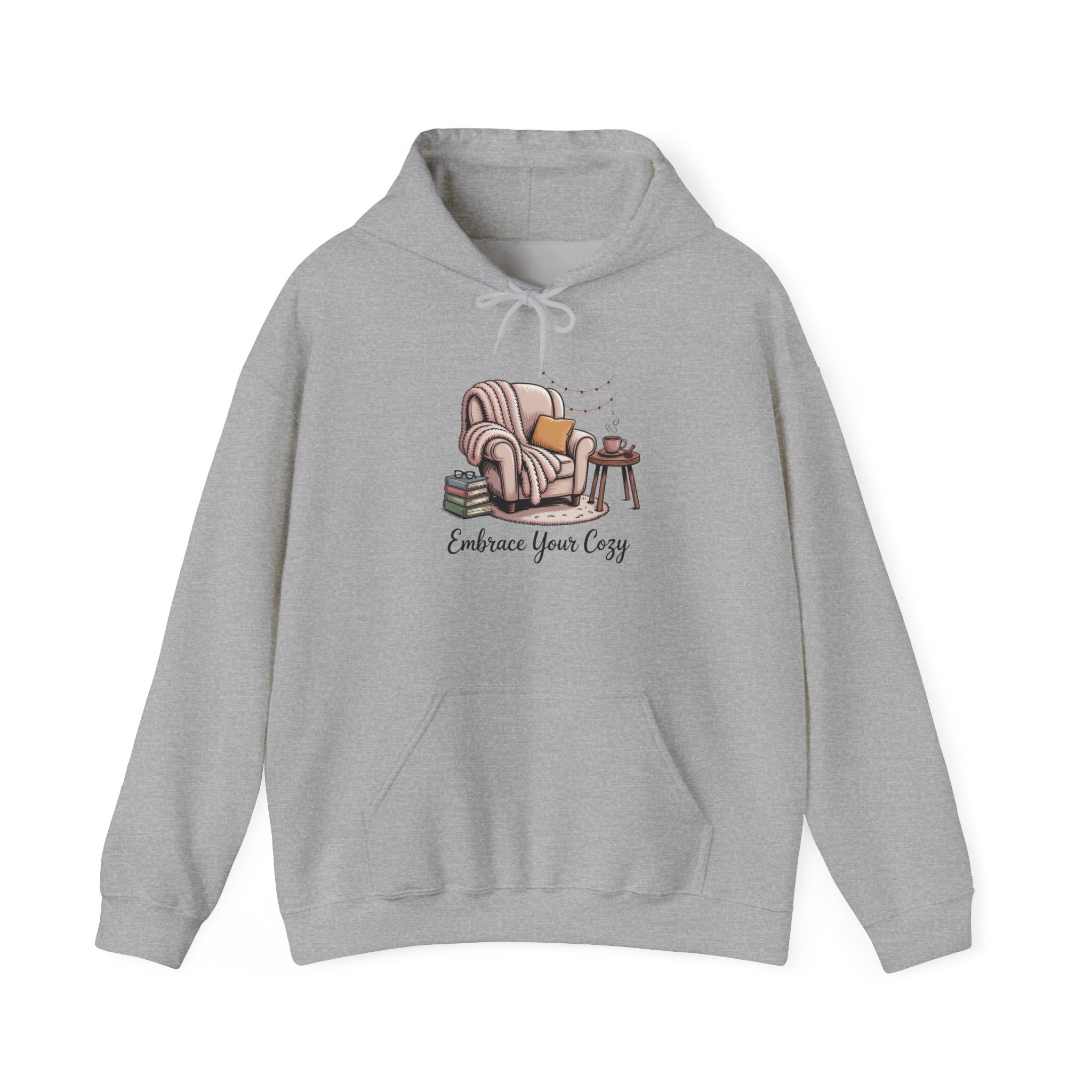 Cozy Reading Hoodie – "Embrace Your Cozy" Armchair Graphic Sweatshirt