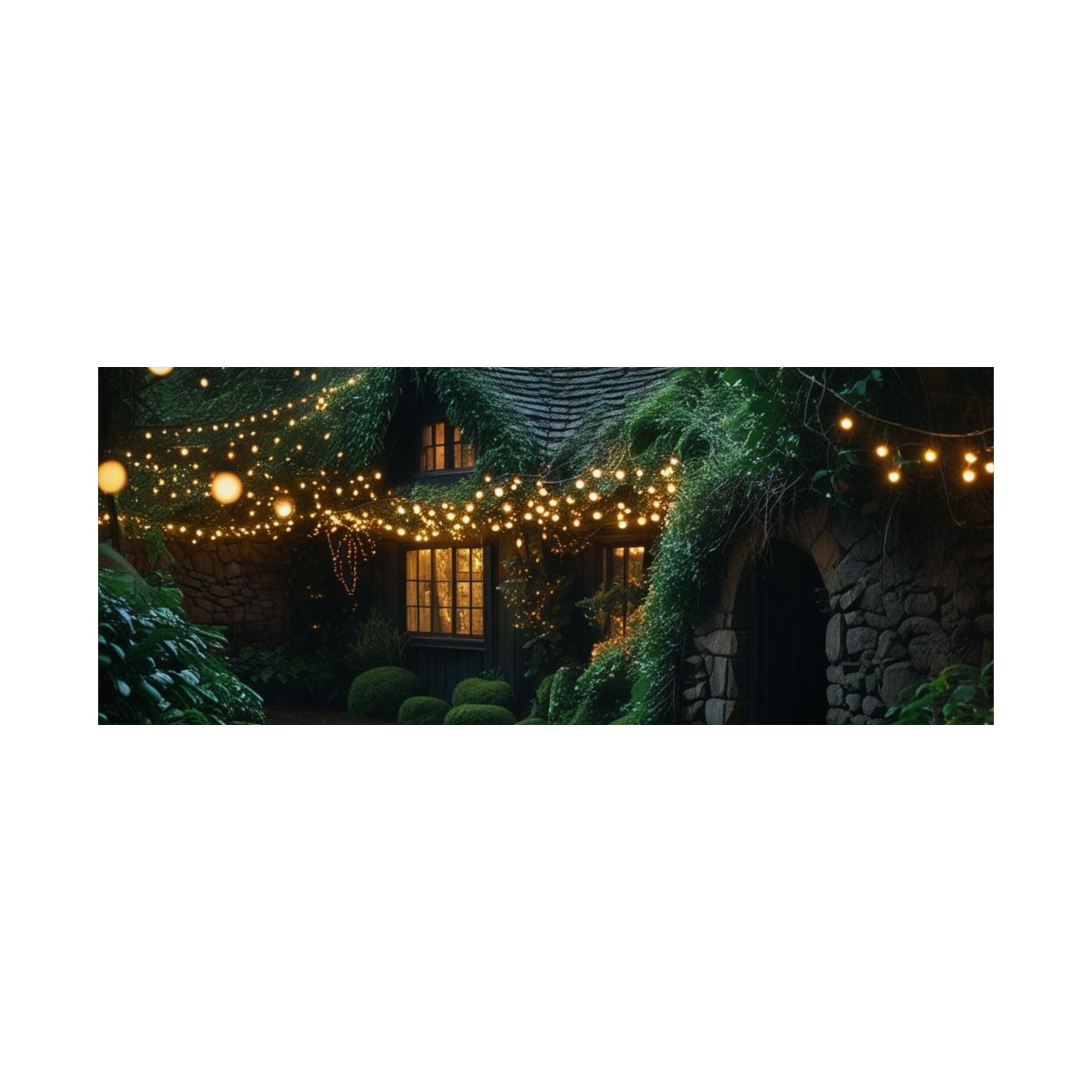 Satin Poster — Enchanted Cottage at Night Wall Art (Fairy Lights, 300gsm)
