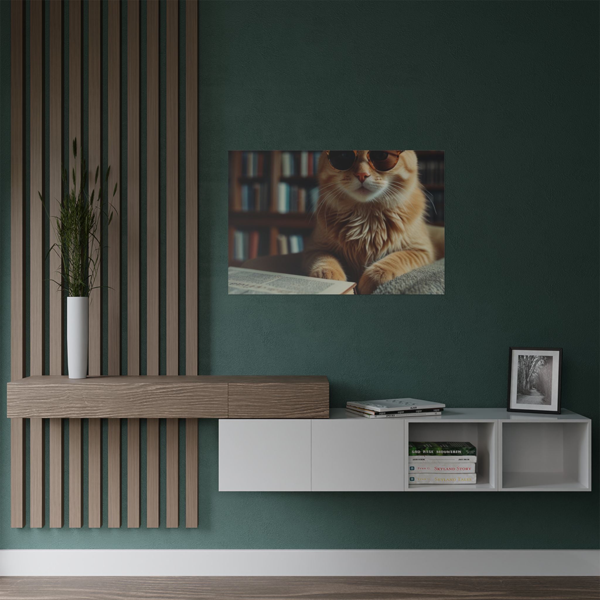 Cool Cat Reading Poster — Retro Sunglasses Cat Art Print (Satin Poster)
