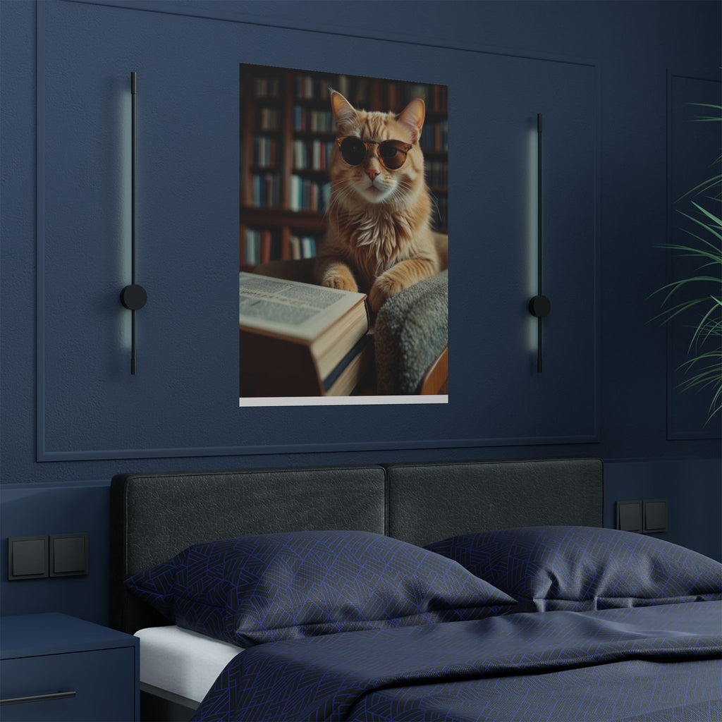Cool Cat Reading Poster — Retro Sunglasses Cat Art Print (Satin Poster)