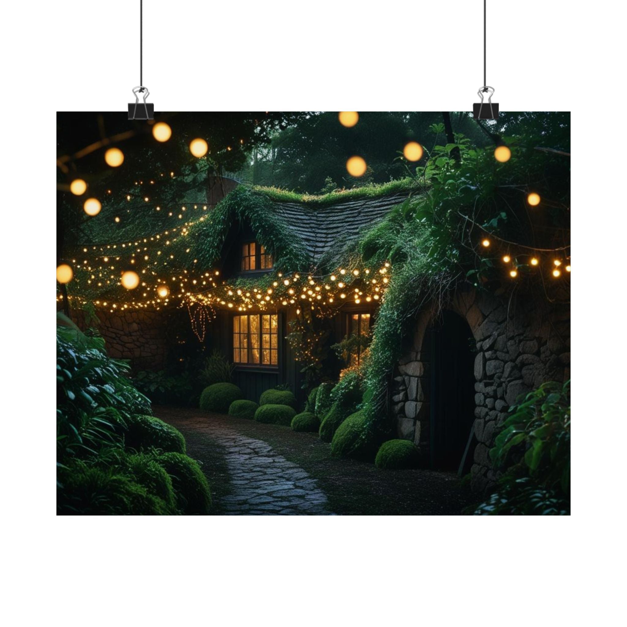 Satin Poster — Enchanted Cottage at Night Wall Art (Fairy Lights, 300gsm)