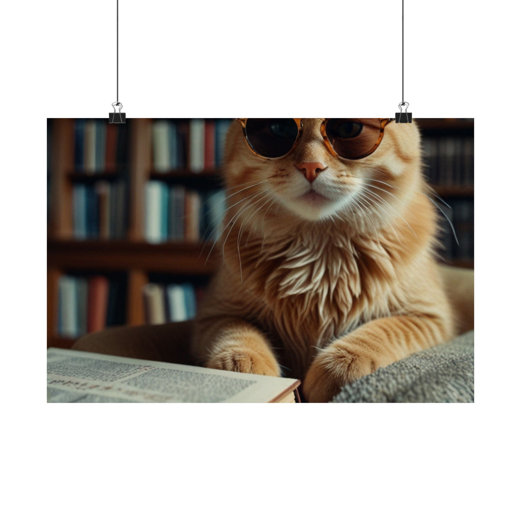 Cool Cat Reading Poster — Retro Sunglasses Cat Art Print (Satin Poster)