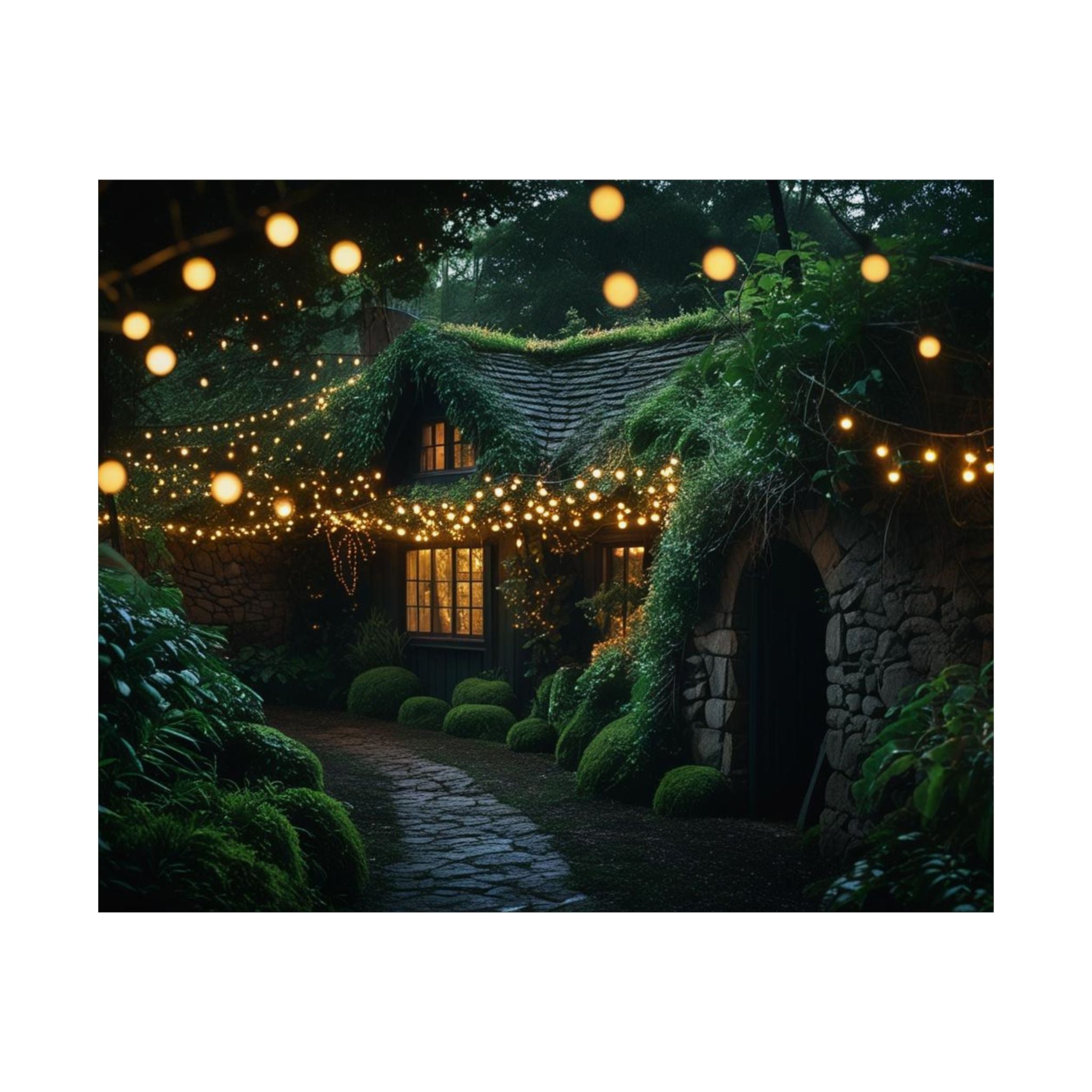 Satin Poster — Enchanted Cottage at Night Wall Art (Fairy Lights, 300gsm)
