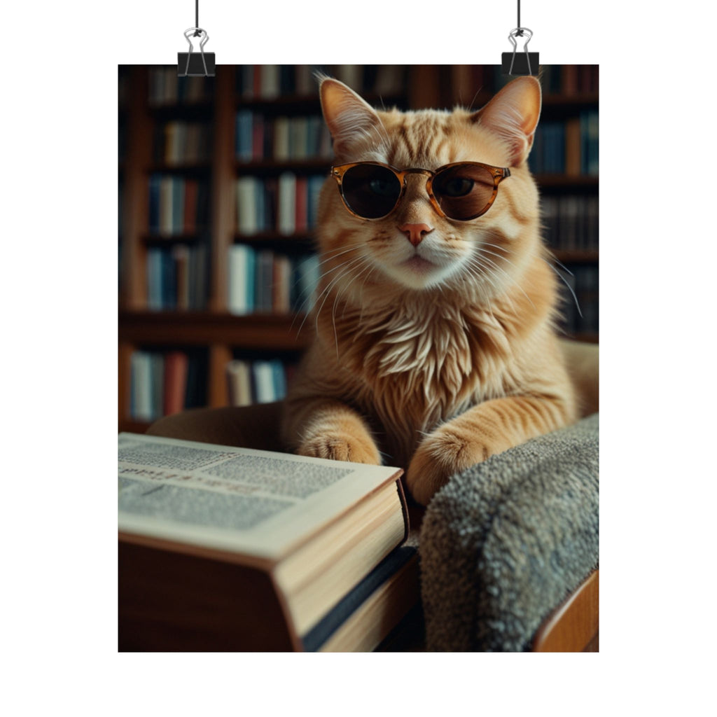 Cool Cat Reading Poster — Retro Sunglasses Cat Art Print (Satin Poster)