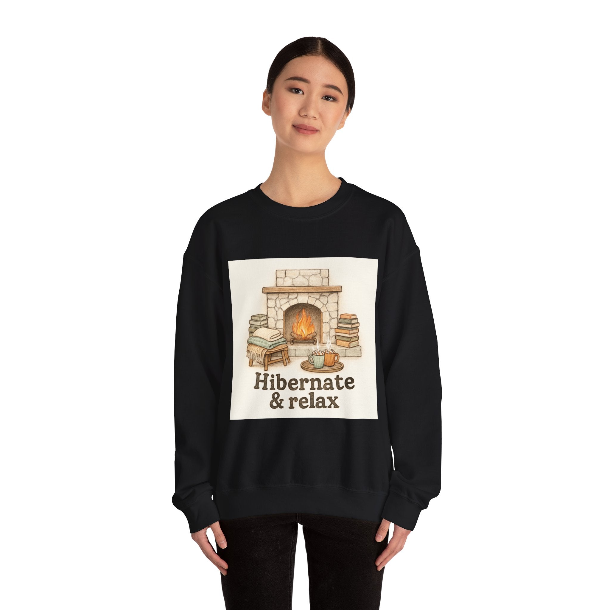 Crewneck Sweatshirt – "Hibernate & Relax" Cozy Fireplace Reading Sweatshirt