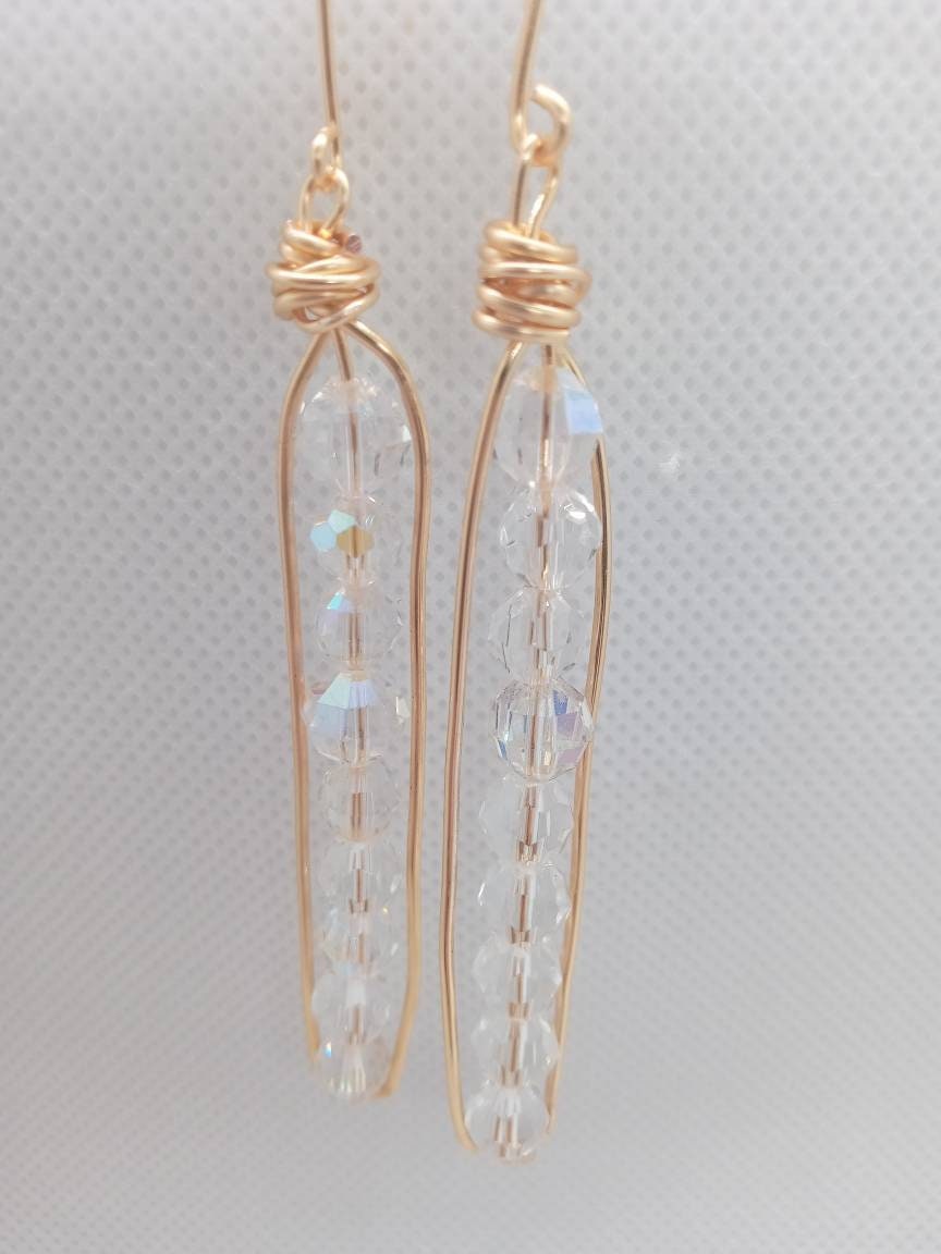 Long Peapod Crystal Beaded Earrings / Wire wrapped / Boho Jewelry / Beautiful and Elegant / Hand Crafted / Gold color / Custom Jewelry