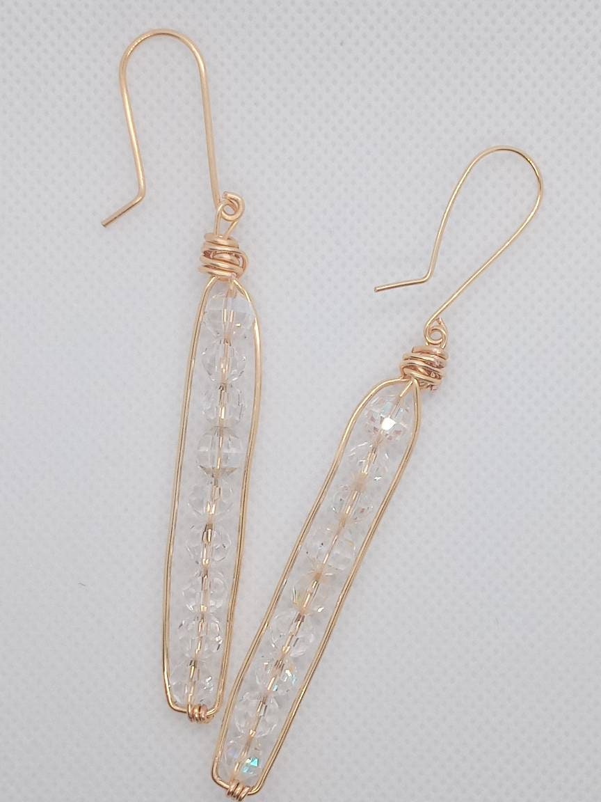 Long Peapod Crystal Beaded Earrings / Wire wrapped / Boho Jewelry / Beautiful and Elegant / Hand Crafted / Gold color / Custom Jewelry