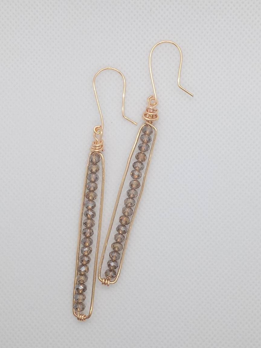 Long Peapod Crystal Beaded Earrings / Topaz AB / Wire wrapped / Boho Jewelry / Beautiful and Elegant / Gold color wire / Custom Jewelry