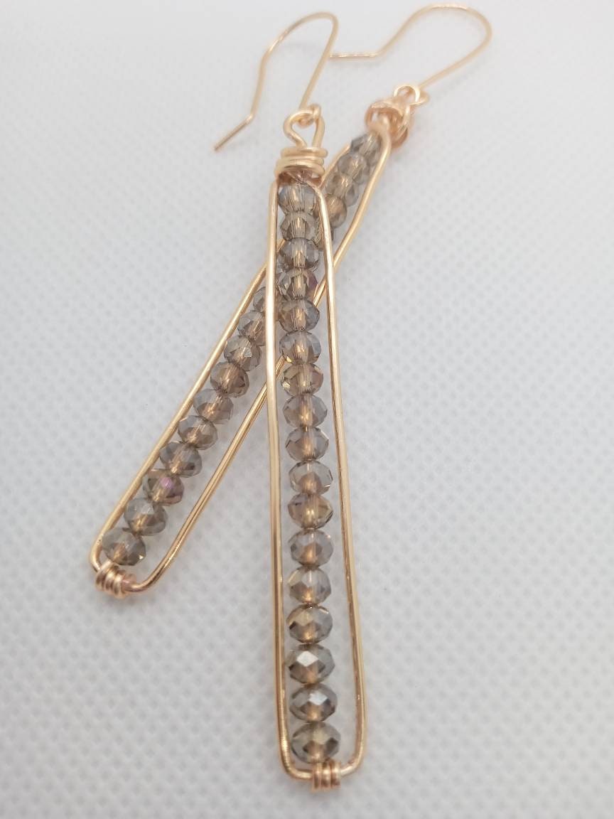 Long Peapod Crystal Beaded Earrings / Topaz AB / Wire wrapped / Boho Jewelry / Beautiful and Elegant / Gold color wire / Custom Jewelry
