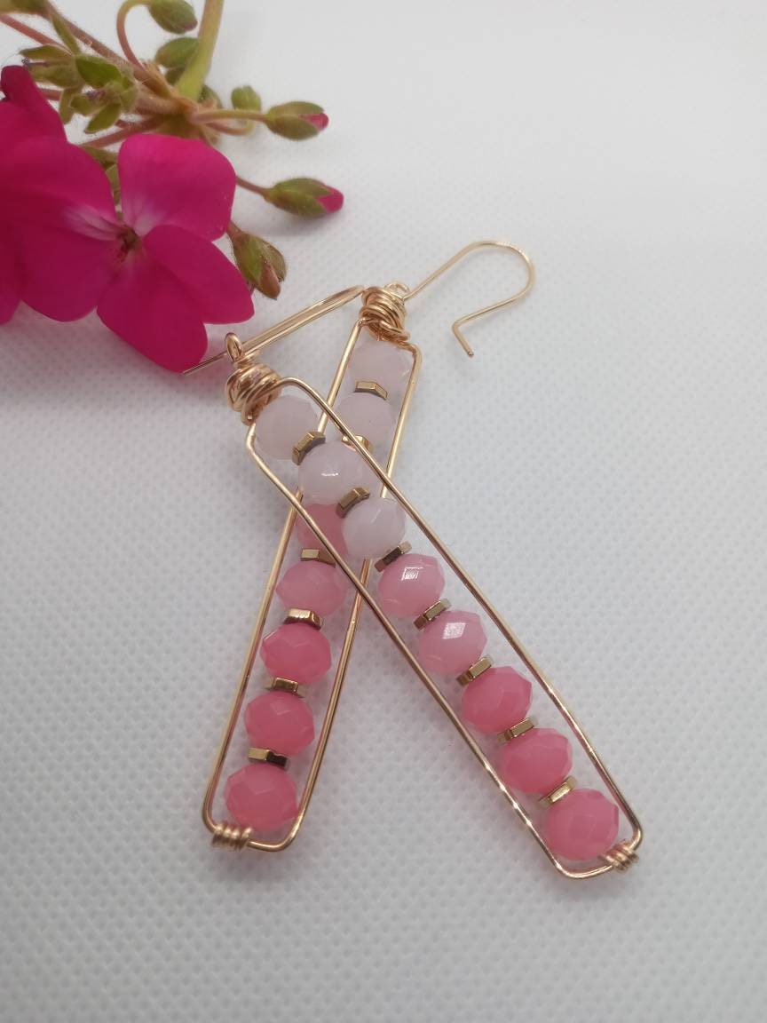 Long Peapod Pink Crystal Beaded Earrings / Wire wrapped / Boho Jewelry / Beautiful and Elegant / Gold color wire / Custom Jewelry
