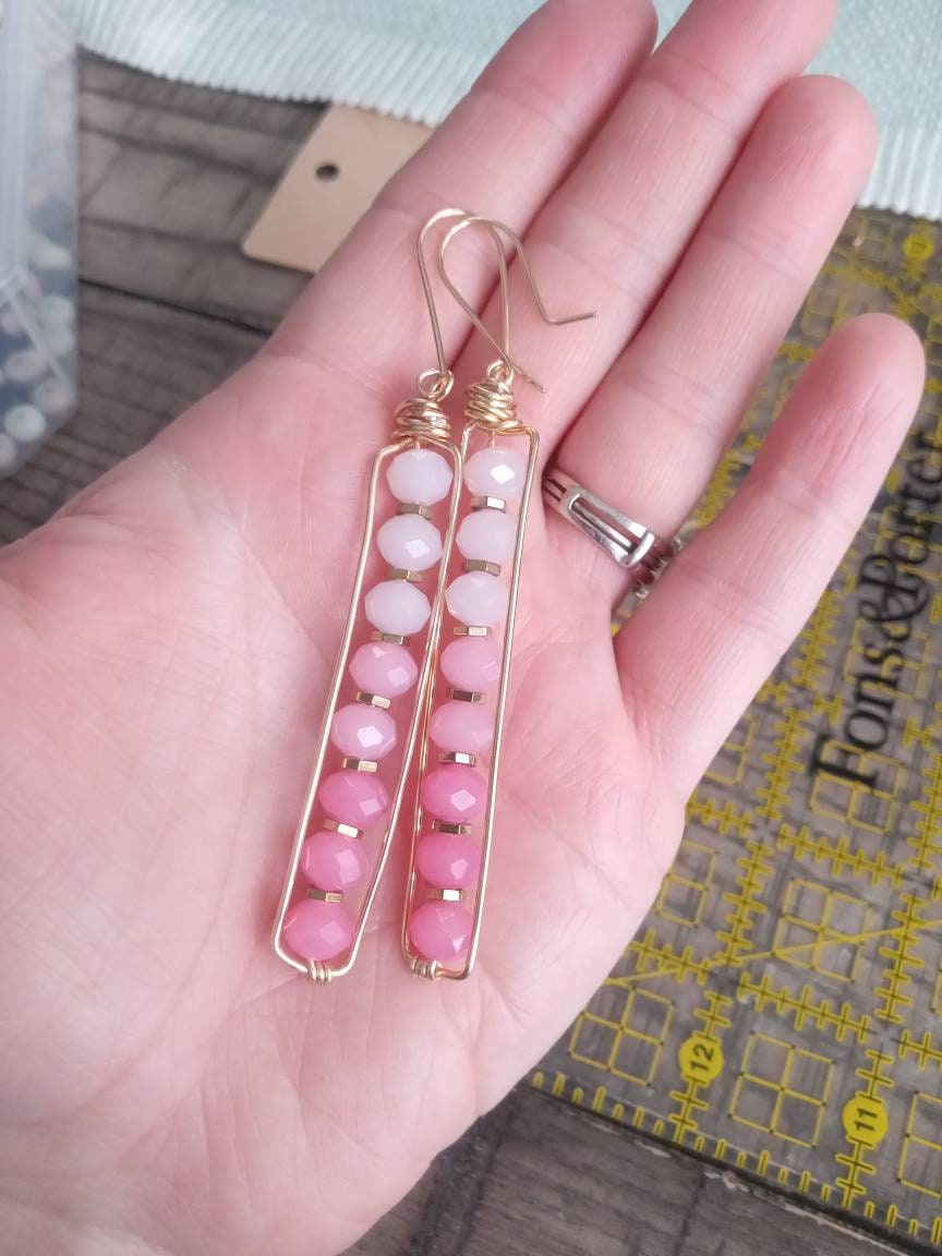 Long Peapod Pink Crystal Beaded Earrings / Wire wrapped / Boho Jewelry / Beautiful and Elegant / Gold color wire / Custom Jewelry