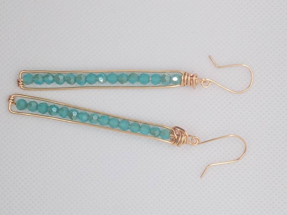Long Peapod Teal Crystal Beaded Earrings / Wire wrapped / Boho Jewelry / Beautiful and Elegant / Gold color wire / Custom Jewelry
