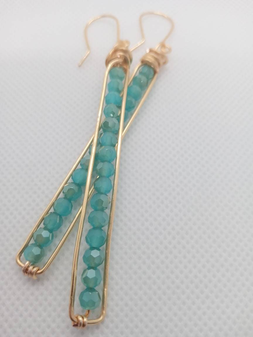 Long Peapod Teal Crystal Beaded Earrings / Wire wrapped / Boho Jewelry / Beautiful and Elegant / Gold color wire / Custom Jewelry