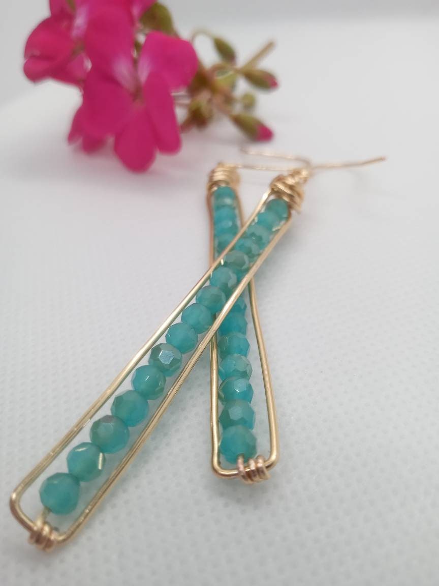 Long Peapod Teal Crystal Beaded Earrings / Wire wrapped / Boho Jewelry / Beautiful and Elegant / Gold color wire / Custom Jewelry
