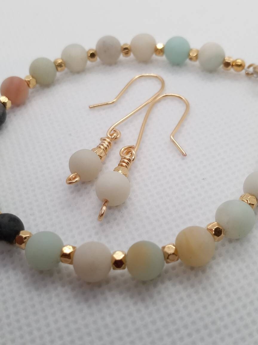 Amazonite Beaded Bracelet & Earrings Set – Handmade Jewelry Gift for Her – Minimalist Gold Jewelry – Fast Shipping