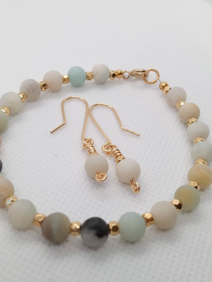 Amazonite Beaded Bracelet & Earrings Set – Handmade Jewelry Gift for Her – Minimalist Gold Jewelry – Fast Shipping