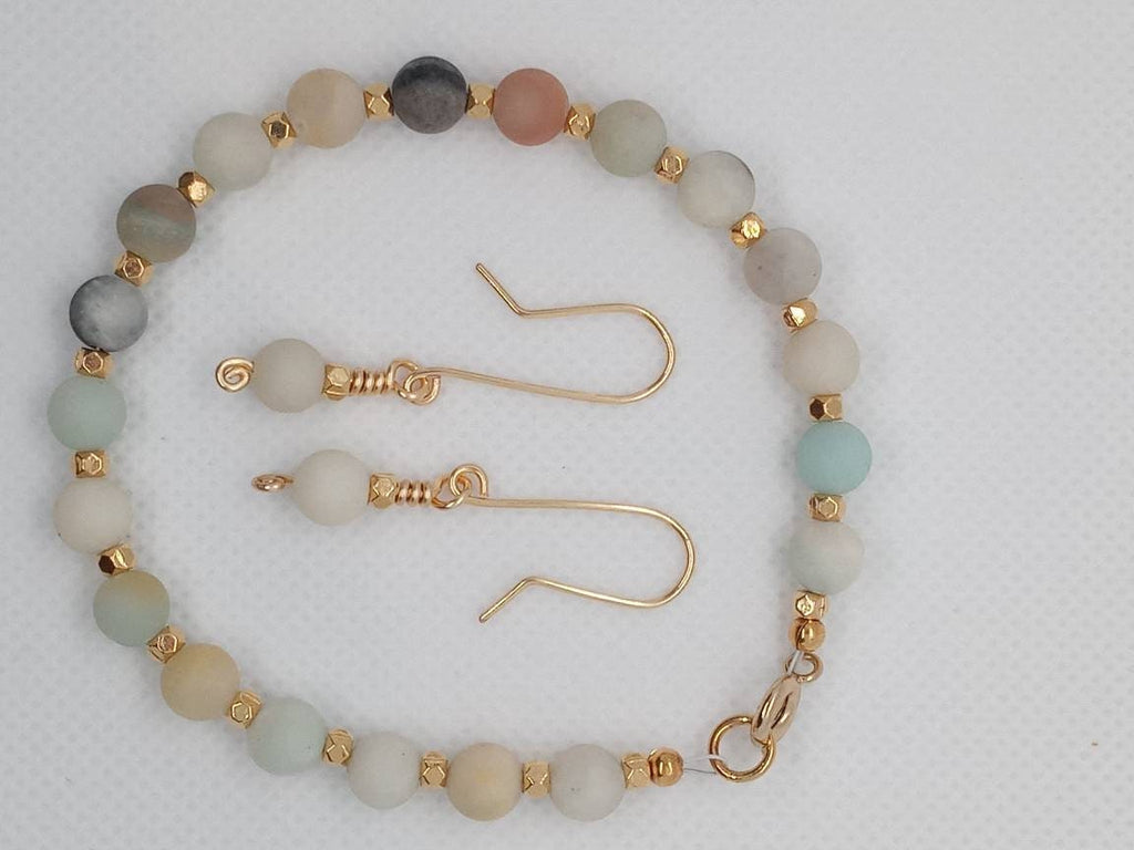 Amazonite Beaded Bracelet & Earrings Set – Handmade Jewelry Gift for Her – Minimalist Gold Jewelry – Fast Shipping