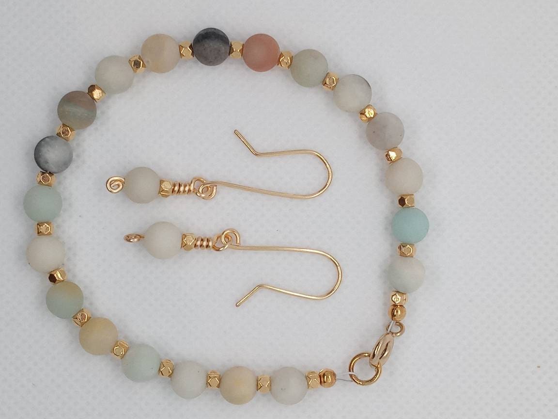 Amazonite Beaded Bracelet & Earrings Set – Handmade Jewelry Gift for Her – Minimalist Gold Jewelry – Fast Shipping