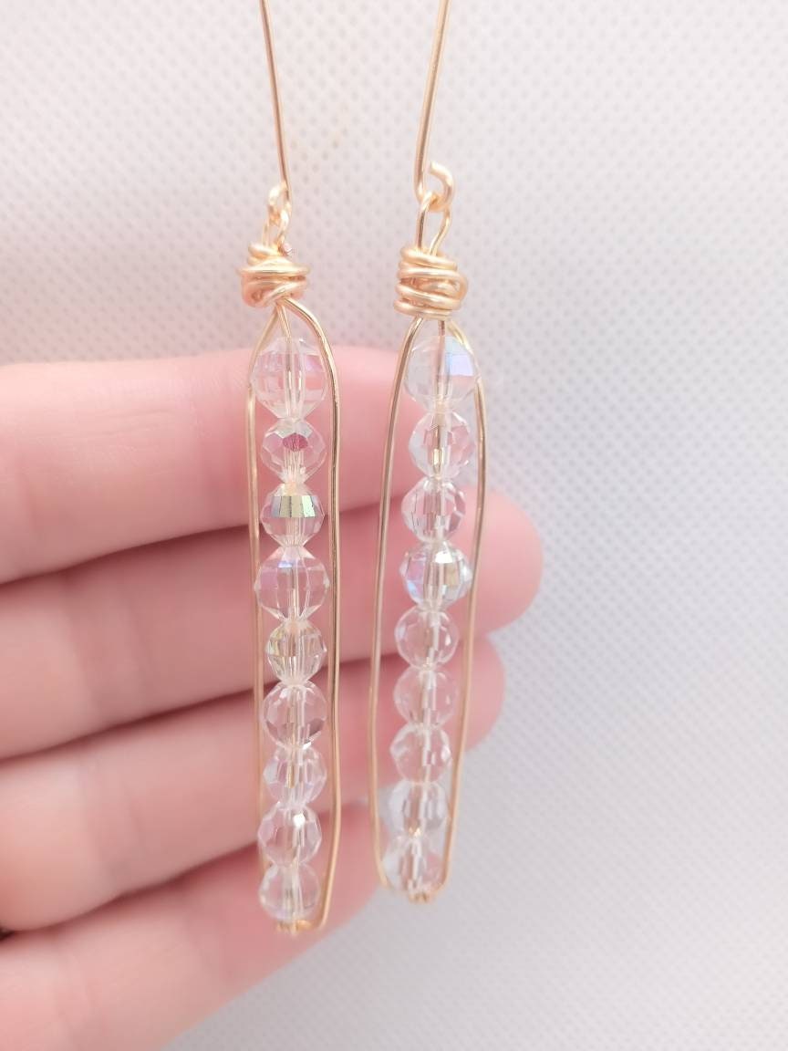 Long Peapod Crystal Beaded Earrings / Wire wrapped / Boho Jewelry / Beautiful and Elegant / Hand Crafted / Gold color / Custom Jewelry