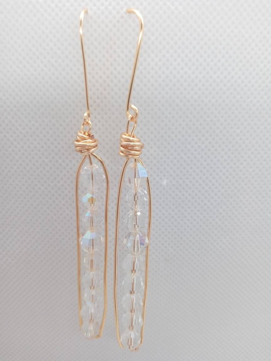 Long Peapod Crystal Beaded Earrings / Wire wrapped / Boho Jewelry / Beautiful and Elegant / Hand Crafted / Gold color / Custom Jewelry