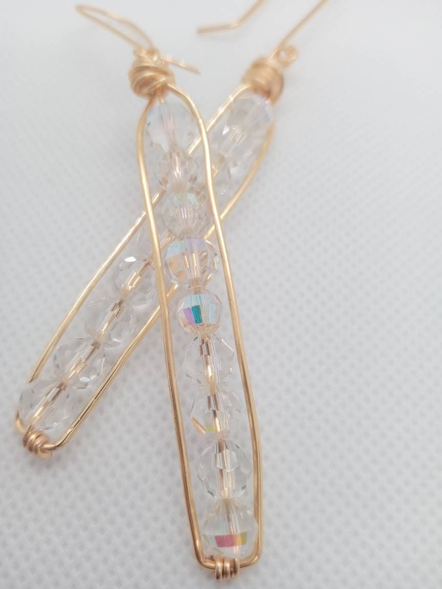 Long Peapod Crystal Beaded Earrings / Wire wrapped / Boho Jewelry / Beautiful and Elegant / Hand Crafted / Gold color / Custom Jewelry