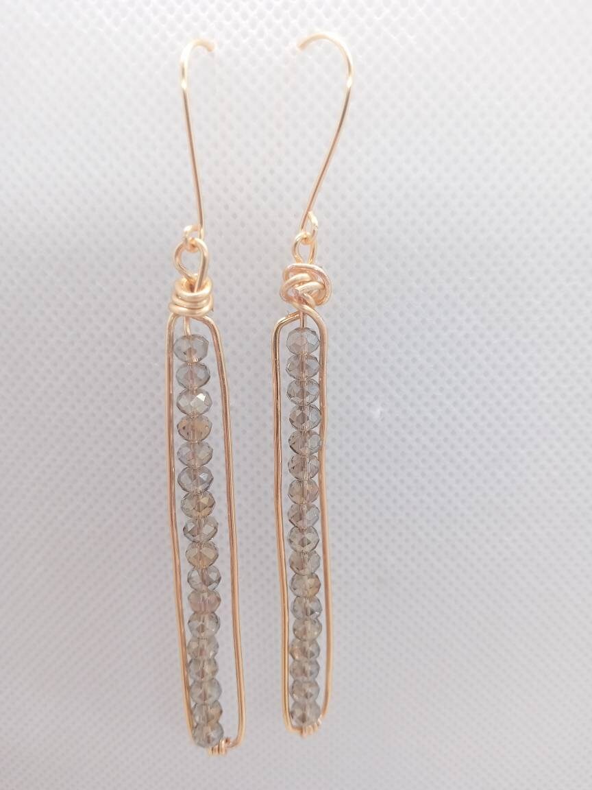 Long Peapod Crystal Beaded Earrings / Topaz AB / Wire wrapped / Boho Jewelry / Beautiful and Elegant / Gold color wire / Custom Jewelry