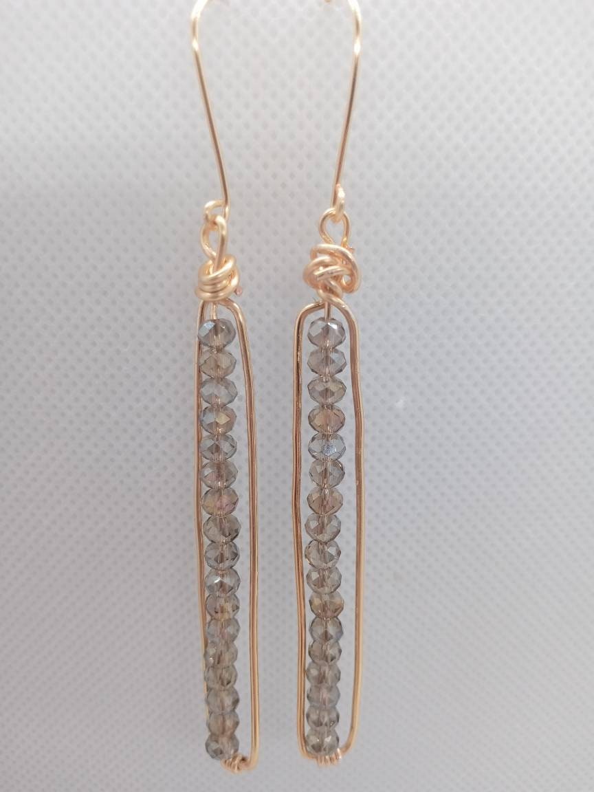 Long Peapod Crystal Beaded Earrings / Topaz AB / Wire wrapped / Boho Jewelry / Beautiful and Elegant / Gold color wire / Custom Jewelry