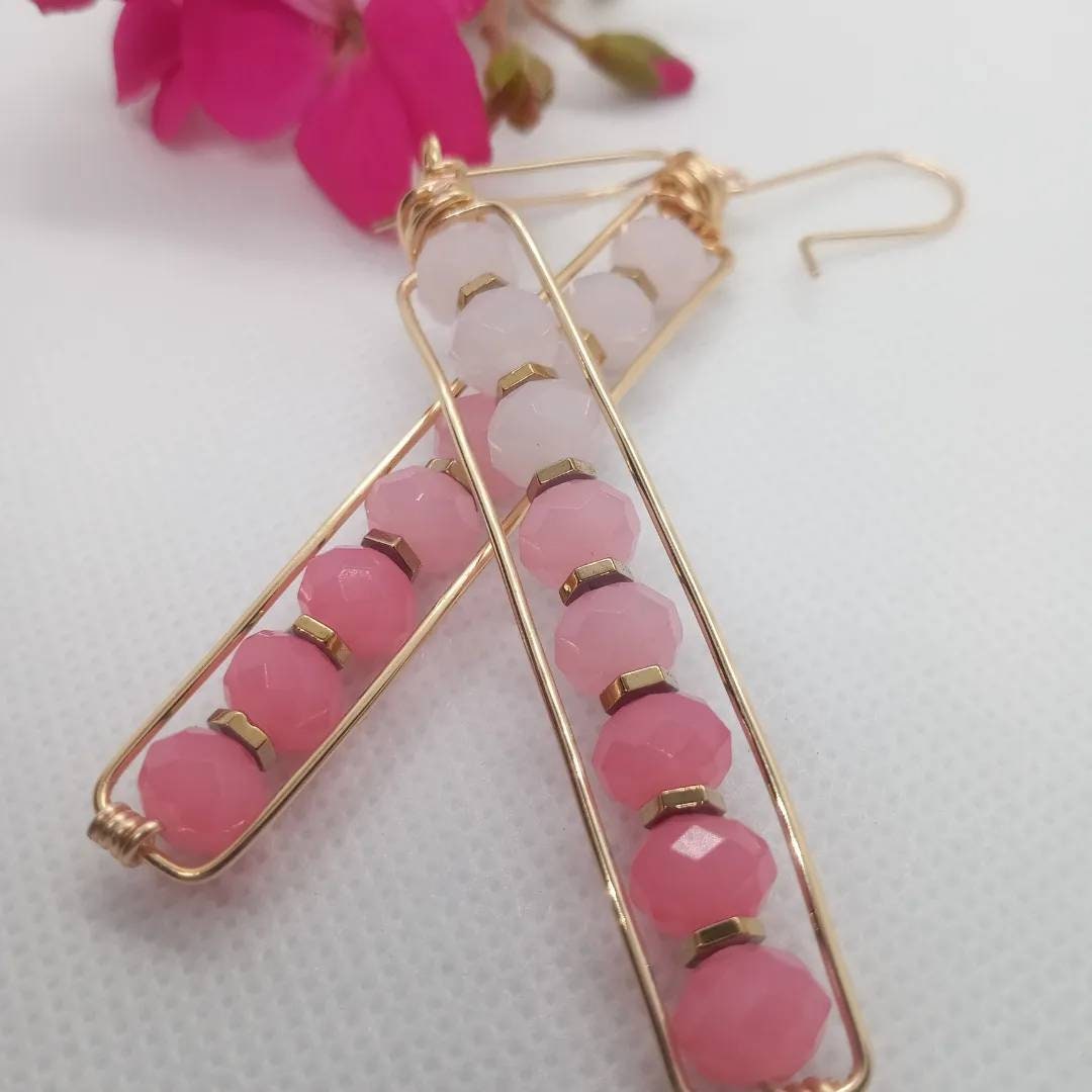 Long Peapod Pink Crystal Beaded Earrings / Wire wrapped / Boho Jewelry / Beautiful and Elegant / Gold color wire / Custom Jewelry