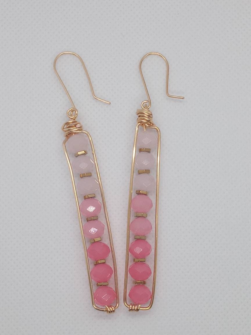 Long Peapod Pink Crystal Beaded Earrings / Wire wrapped / Boho Jewelry / Beautiful and Elegant / Gold color wire / Custom Jewelry