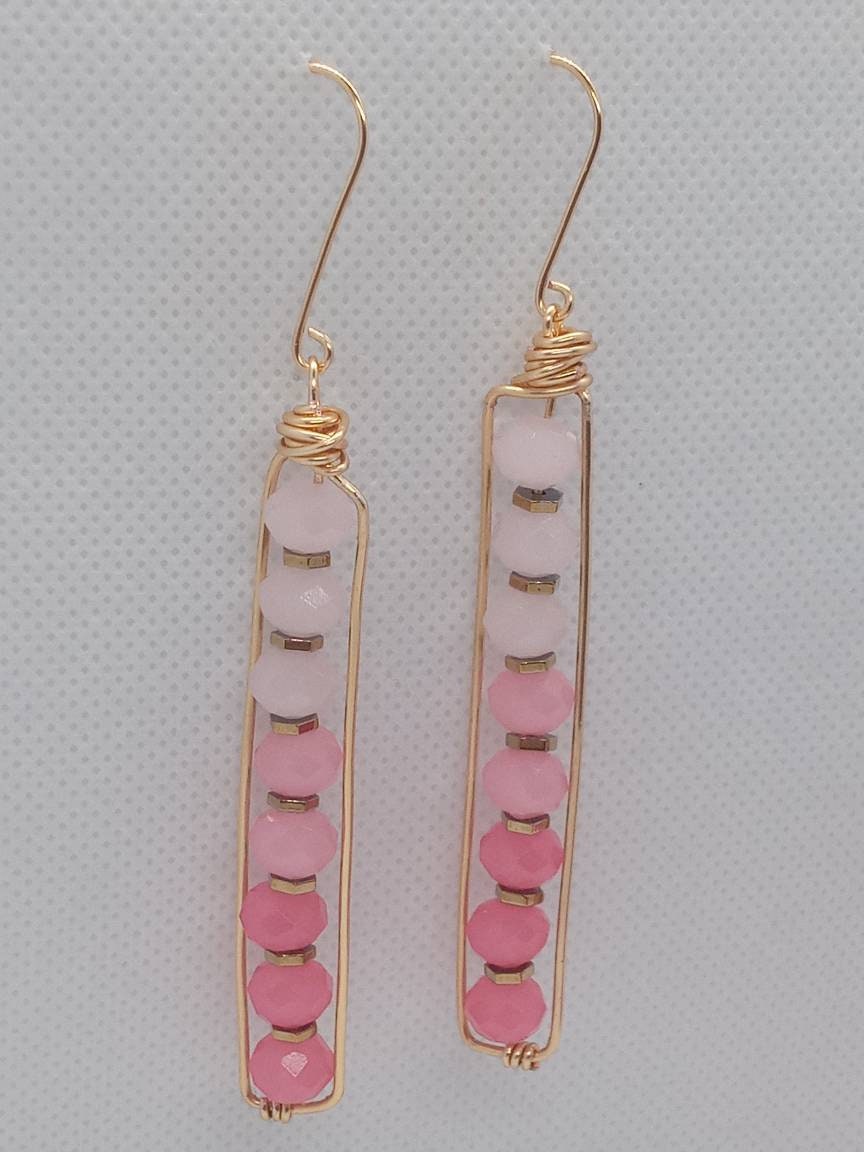 Long Peapod Pink Crystal Beaded Earrings / Wire wrapped / Boho Jewelry / Beautiful and Elegant / Gold color wire / Custom Jewelry
