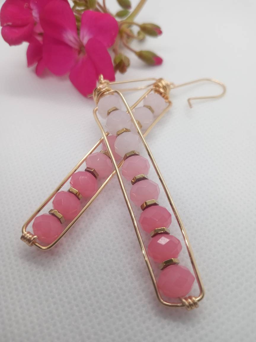 Long Peapod Pink Crystal Beaded Earrings / Wire wrapped / Boho Jewelry / Beautiful and Elegant / Gold color wire / Custom Jewelry