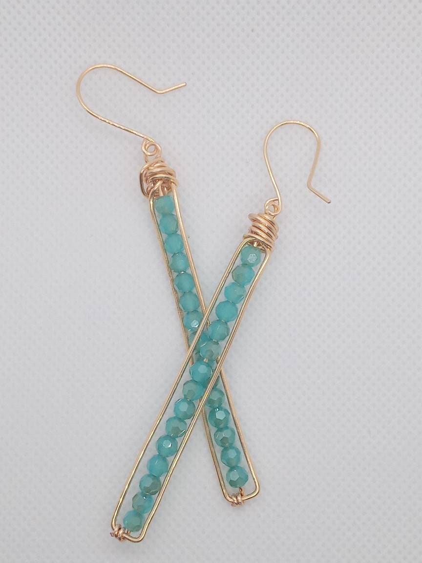 Long Peapod Teal Crystal Beaded Earrings / Wire wrapped / Boho Jewelry / Beautiful and Elegant / Gold color wire / Custom Jewelry