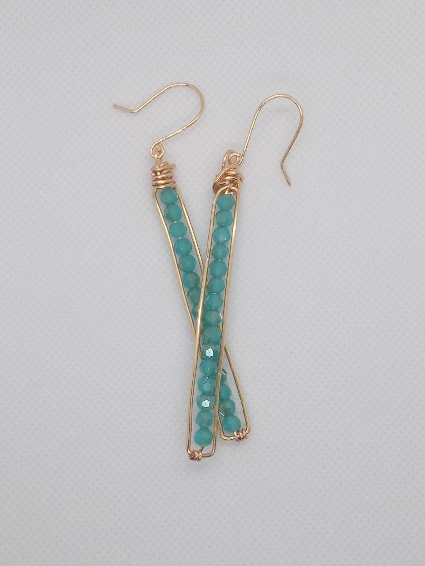 Long Peapod Teal Crystal Beaded Earrings / Wire wrapped / Boho Jewelry / Beautiful and Elegant / Gold color wire / Custom Jewelry
