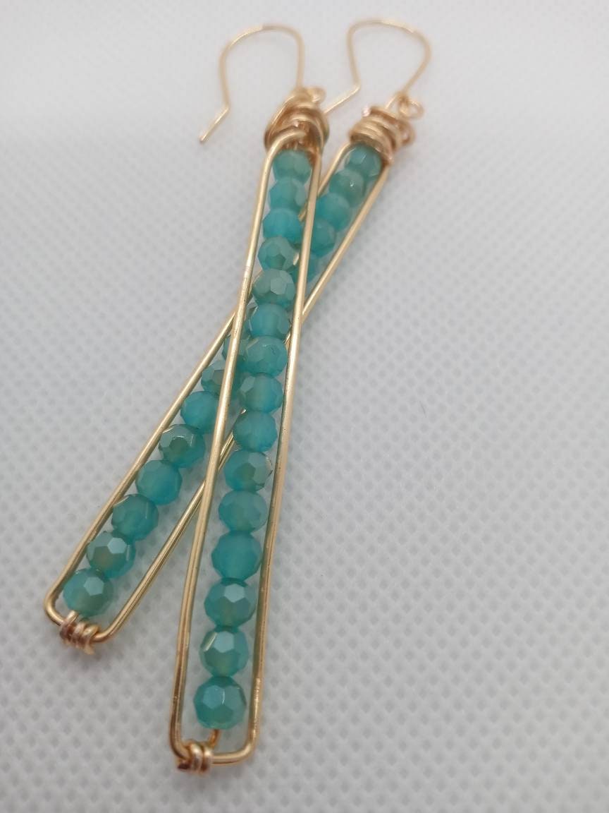 Long Peapod Teal Crystal Beaded Earrings / Wire wrapped / Boho Jewelry / Beautiful and Elegant / Gold color wire / Custom Jewelry