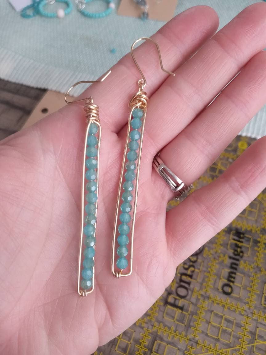 Long Peapod Teal Crystal Beaded Earrings / Wire wrapped / Boho Jewelry / Beautiful and Elegant / Gold color wire / Custom Jewelry