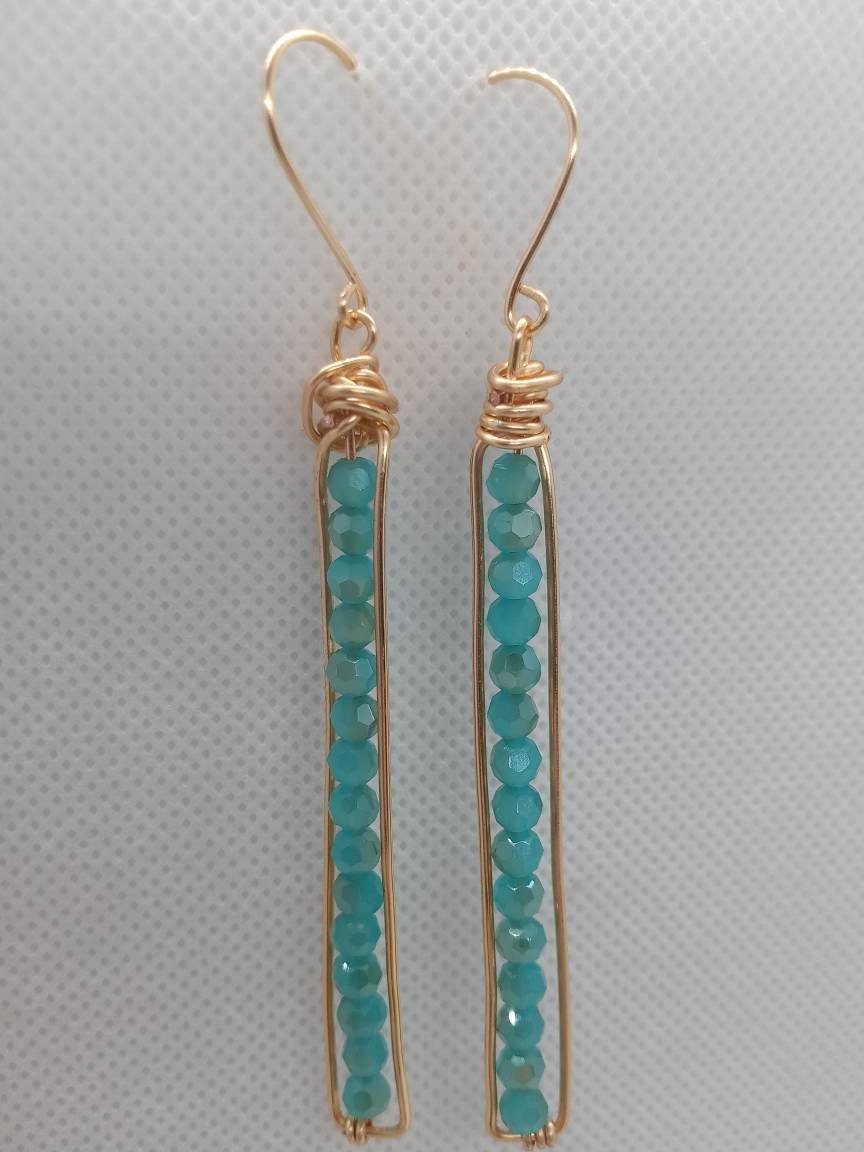 Long Peapod Teal Crystal Beaded Earrings / Wire wrapped / Boho Jewelry / Beautiful and Elegant / Gold color wire / Custom Jewelry