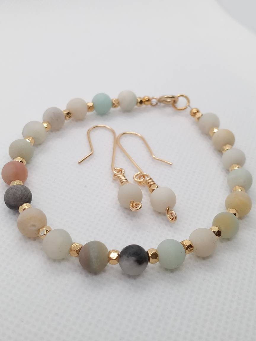 Amazonite Beaded Bracelet & Earrings Set – Handmade Jewelry Gift for Her – Minimalist Gold Jewelry – Fast Shipping