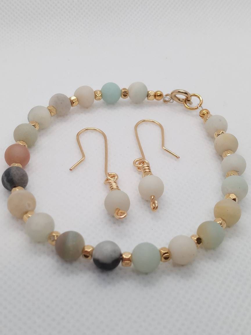Amazonite Beaded Bracelet & Earrings Set – Handmade Jewelry Gift for Her – Minimalist Gold Jewelry – Fast Shipping