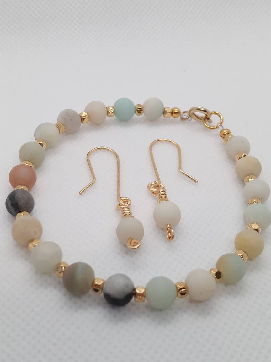 Amazonite Beaded Bracelet & Earrings Set – Handmade Jewelry Gift for Her – Minimalist Gold Jewelry – Fast Shipping