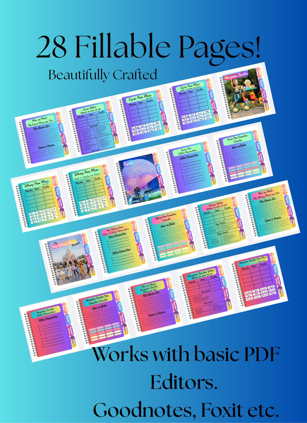Disney World Digital Planner - 28 Fillable & Hyperlinked Pages Includes All Dining and rides for all 4 Parks- Instant PDF Download or Print