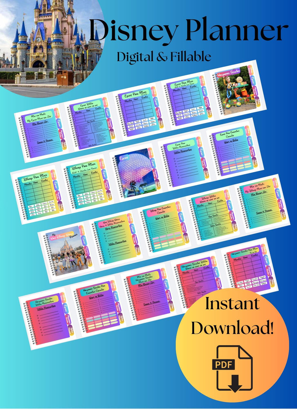 Disney World Digital Planner - 28 Fillable & Hyperlinked Pages Includes All Dining and rides for all 4 Parks- Instant PDF Download or Print