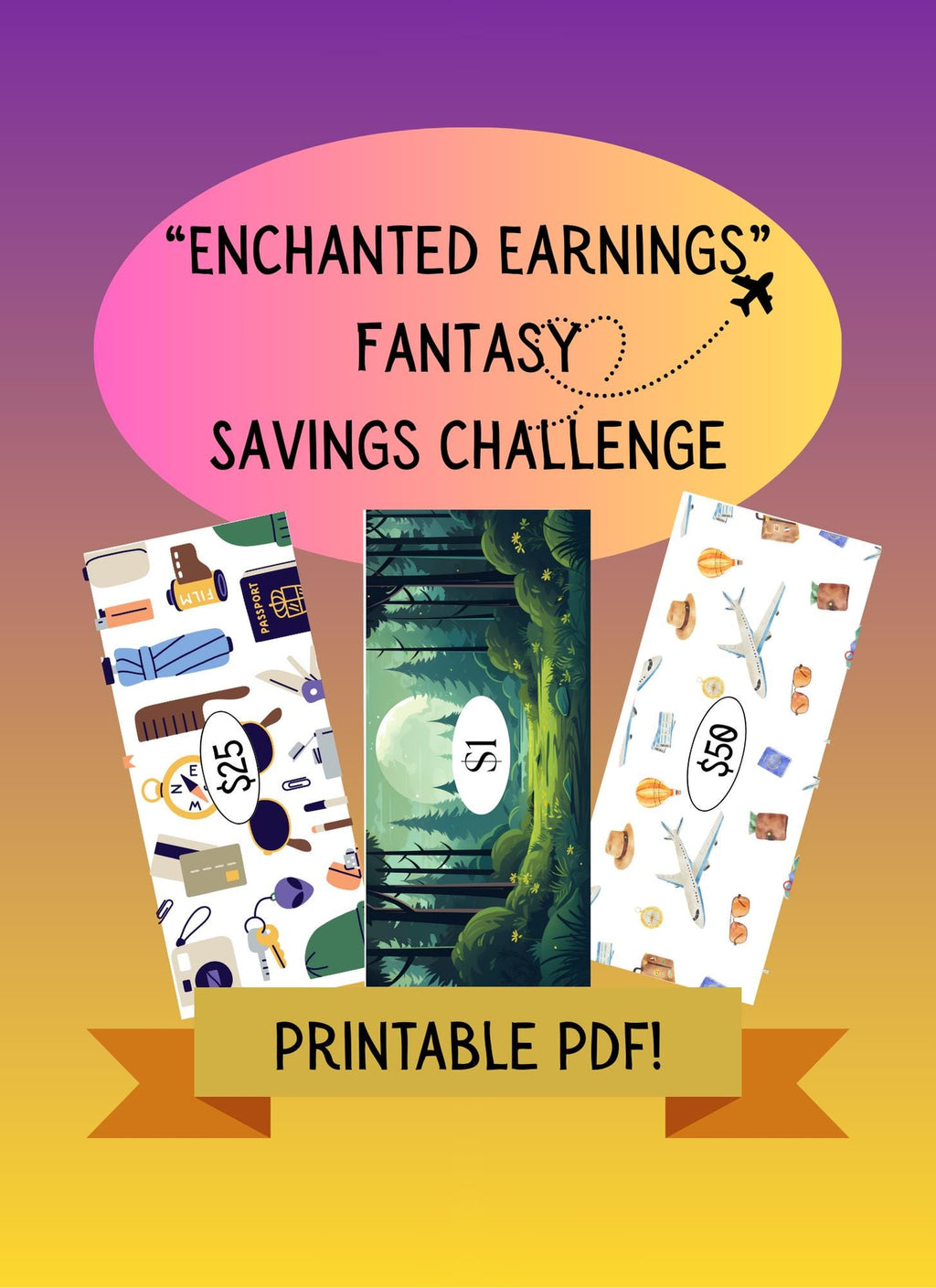 Fantasy Savings Challenge: Cash Stuffing Budget Tracker (Digital Download, 19-Page PNG, 27 Cut-Outs)